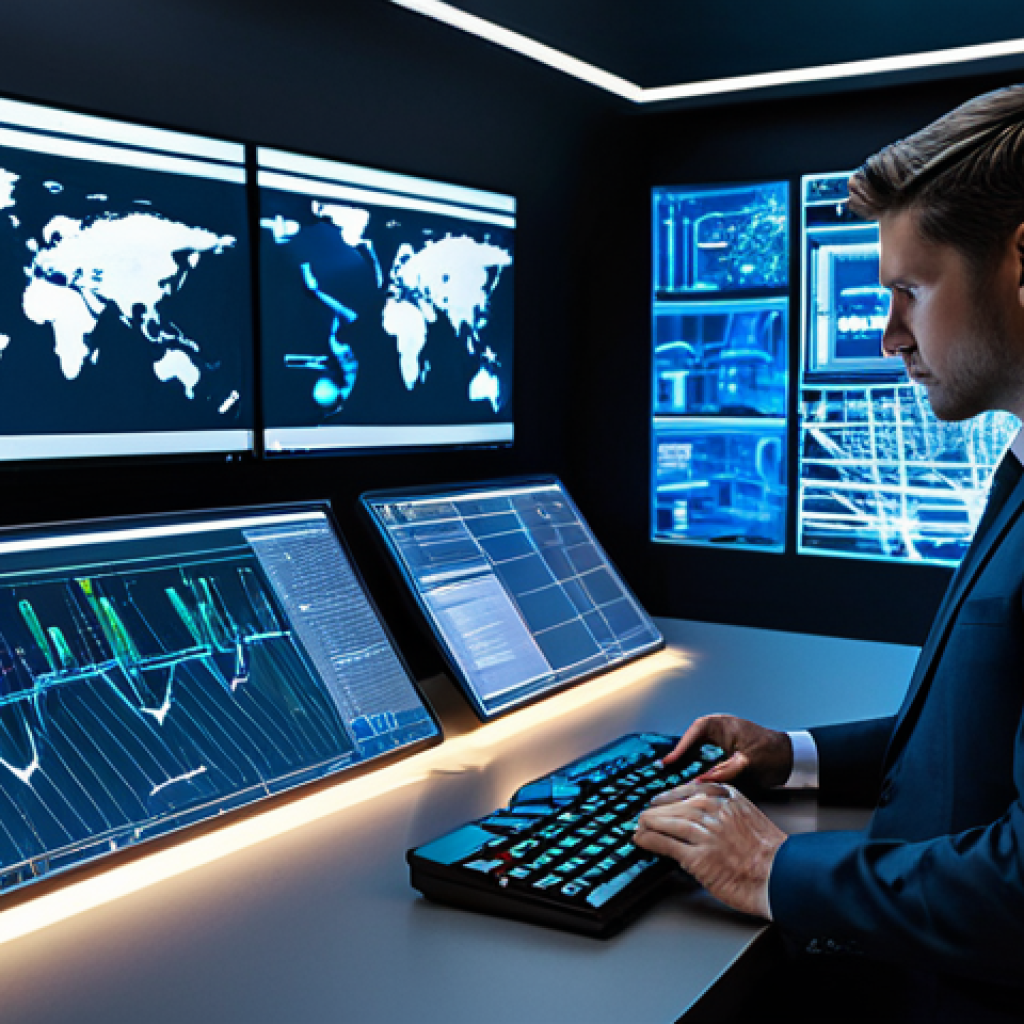 A professional cybersecurity analyst, fully clothed in a modest business suit, is intently focused at a workstation in a high-tech Security Operations Center (SOC). Multiple holographic screens display complex, illuminated data visualizations, network maps, and real-time security event streams. The analyst maintains a natural pose, with well-formed hands interacting with a sleek control panel. The environment is clean and futuristic, emphasizing holistic visibility and actionable intelligence. Perfect anatomy, correct proportions, safe for work, appropriate content, appropriate attire, professional dress, family-friendly, high quality, professional photography.
