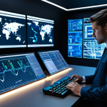 Home 12 A professional cybersecurity analyst, fully clothed in a modest business suit, is intently focused at a workstation in a high-tech Security Operations Center (SOC). Multiple holographic screens display complex, illuminated data visualizations, network maps, and real-time security event streams. The analyst maintains a natural pose, with well-formed hands interacting with a sleek control panel. The environment is clean and futuristic, emphasizing holistic visibility and actionable intelligence. Perfect anatomy, correct proportions, safe for work, appropriate content, appropriate attire, professional dress, family-friendly, high quality, professional photography.