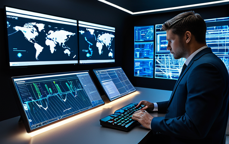 A professional cybersecurity analyst, fully clothed in a modest business suit, is intently focused at a workstation in a high-tech Security Operations Center (SOC). Multiple holographic screens display complex, illuminated data visualizations, network maps, and real-time security event streams. The analyst maintains a natural pose, with well-formed hands interacting with a sleek control panel. The environment is clean and futuristic, emphasizing holistic visibility and actionable intelligence. Perfect anatomy, correct proportions, safe for work, appropriate content, appropriate attire, professional dress, family-friendly, high quality, professional photography.