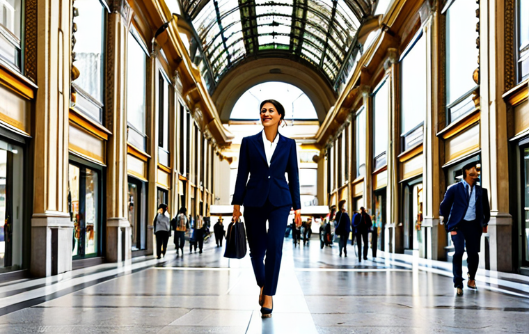 **
"A successful businesswoman, dressed in a stylish Italian suit (fully clothed, appropriate attire), confidently walking through the Galleria Vittorio Emanuele II in Milan. The scene is bright and sunny, showcasing the architectural beauty. Safe for work, professional, perfect anatomy, natural proportions, high-resolution, professional photography."
**