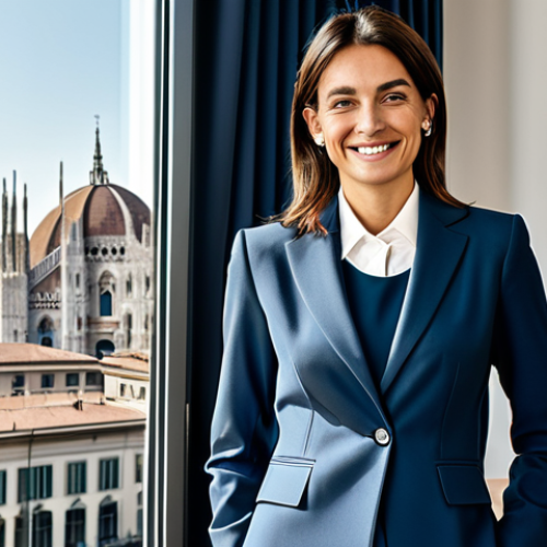 Home 9 **
"A professional businesswoman in a stylish, modest Italian business suit, standing in a bright, modern Milan office. She is smiling confidently. Background shows the Duomo di Milano subtly through the window. Fully clothed, appropriate attire, safe for work, perfect anatomy, natural proportions, professional photography, high quality, family-friendly."
**