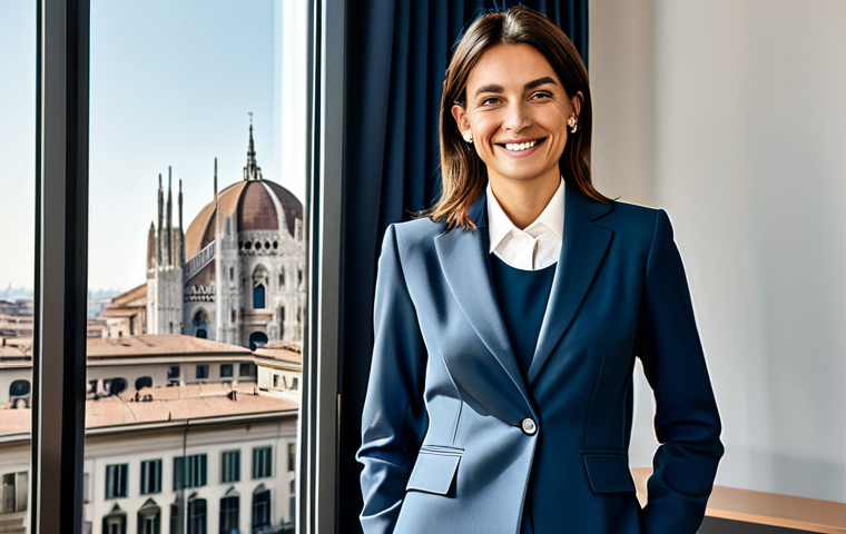 **
"A professional businesswoman in a stylish, modest Italian business suit, standing in a bright, modern Milan office. She is smiling confidently. Background shows the Duomo di Milano subtly through the window. Fully clothed, appropriate attire, safe for work, perfect anatomy, natural proportions, professional photography, high quality, family-friendly."
**